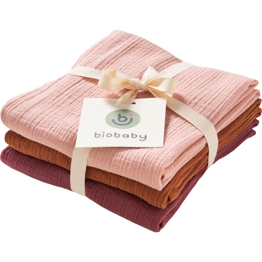 Bio Musselin Baby-Tuch 3er-Pack in Bordeaux+Zimt+Rosa Rot+Braun+Rosa von biobaby Größe 65x65 cm