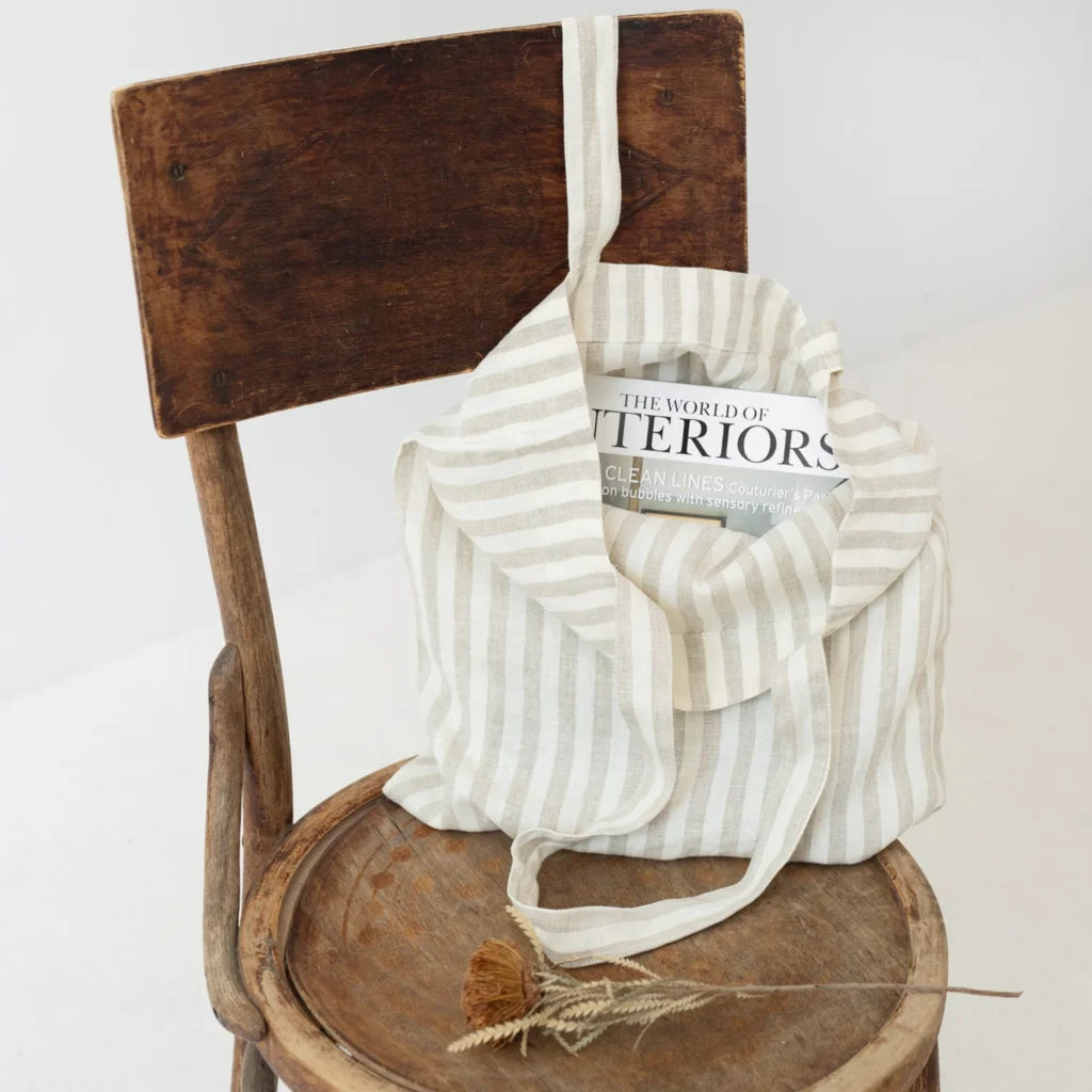 Leinen Einkaufstasche Streifen in Creme+Beige Muster Streifen von Linen Tales Größe 38 cm breit+ 42 cm lang