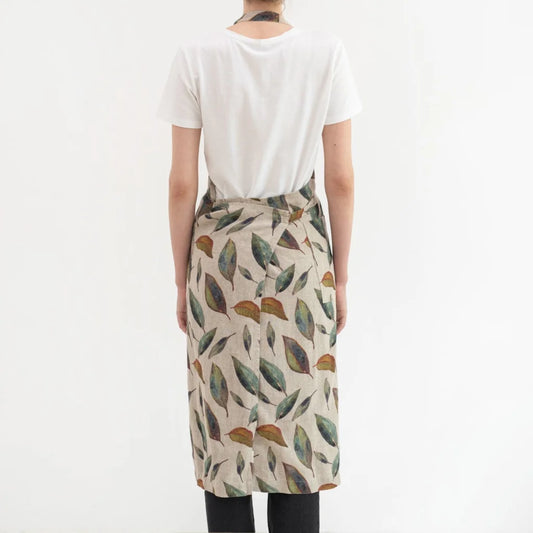 Leinen Kochschürze Blätter in Creme+Grün+Orange Muster Blätter von Linen Tales Größe 100 cm breit+ 98 cm lang