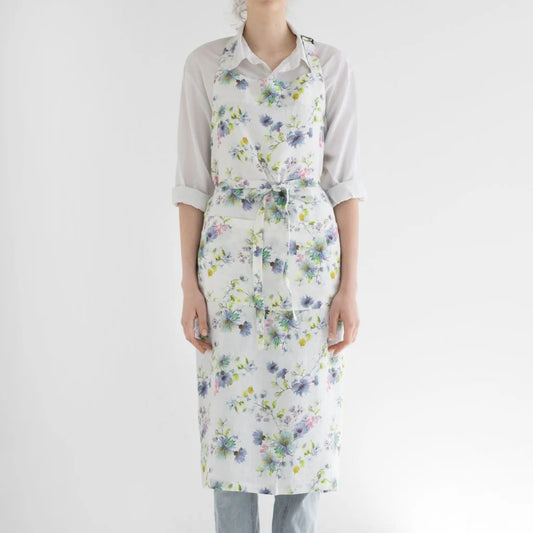 Leinen Kochschürze Blumen in Weiß+Blau Muster Blumen von Linen Tales Größe 100 cm breit+ 98 cm lang