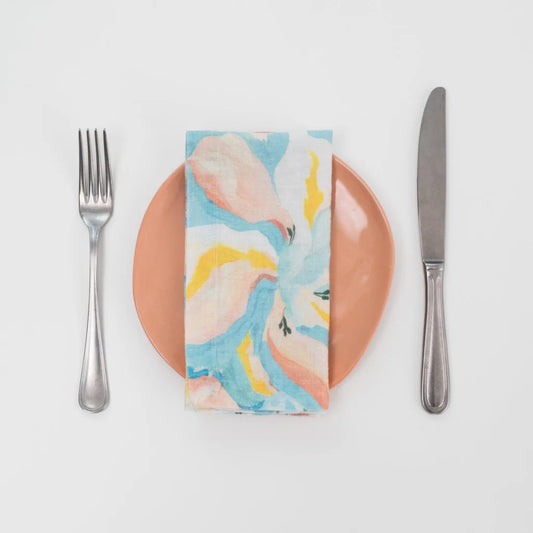 Leinen Stoffserviette Aquarell 2er-Pack in Atlantik+Apricot Blau+Orange Muster Aquarell von Linen Tales Größe 45x45 cm