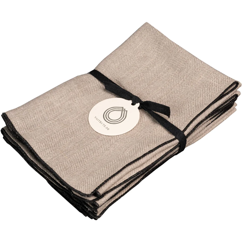 Leinen Stoffserviette mit Fischgrät-Muster 6er-Pack in Beige+Schwarz Muster Fischgrät von Erika Vaitkute Größe 46x46 cm