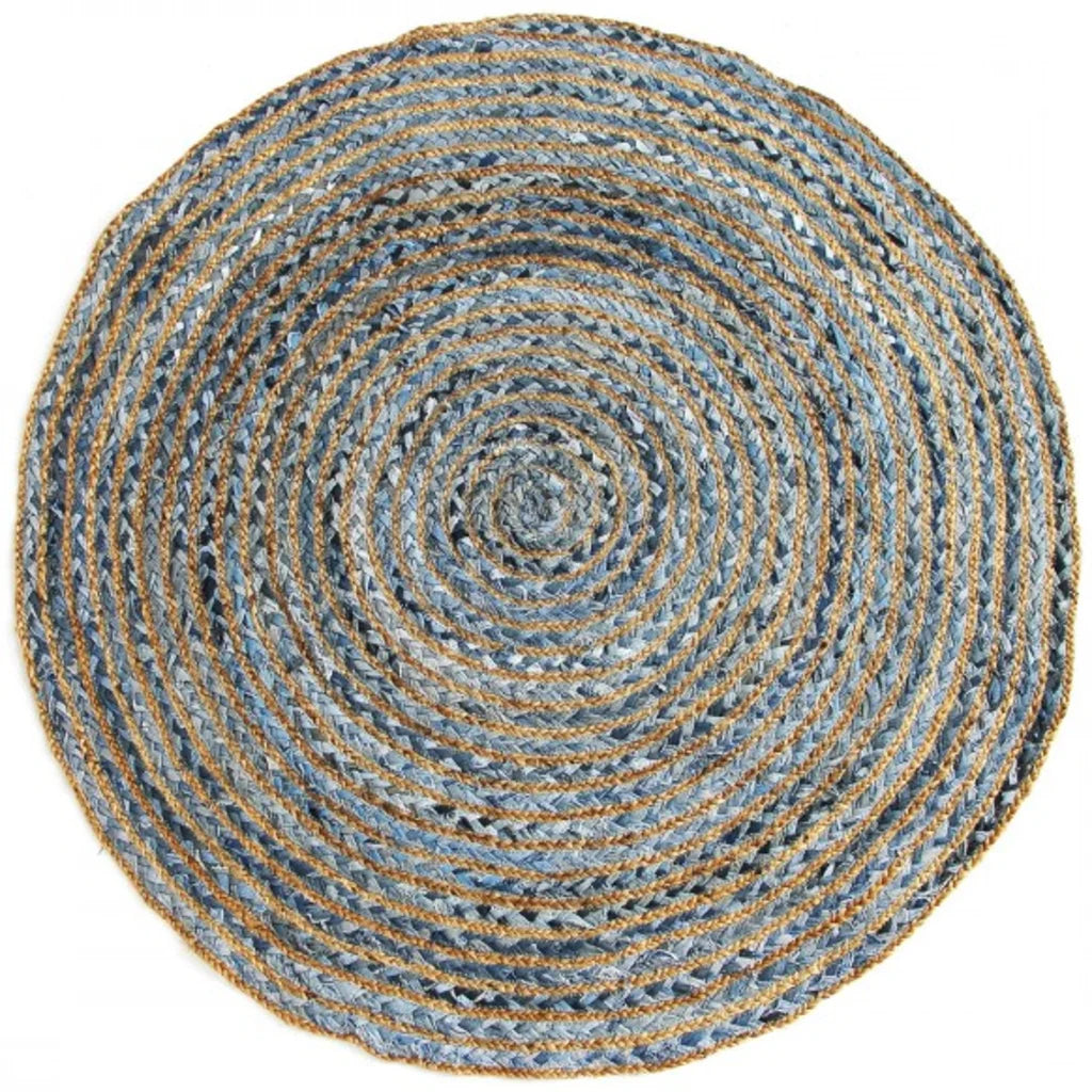 Upcycling Teppich rund in Naturbelassen+Blau Muster Bunt von GLOBO Größe Ø 125 cm