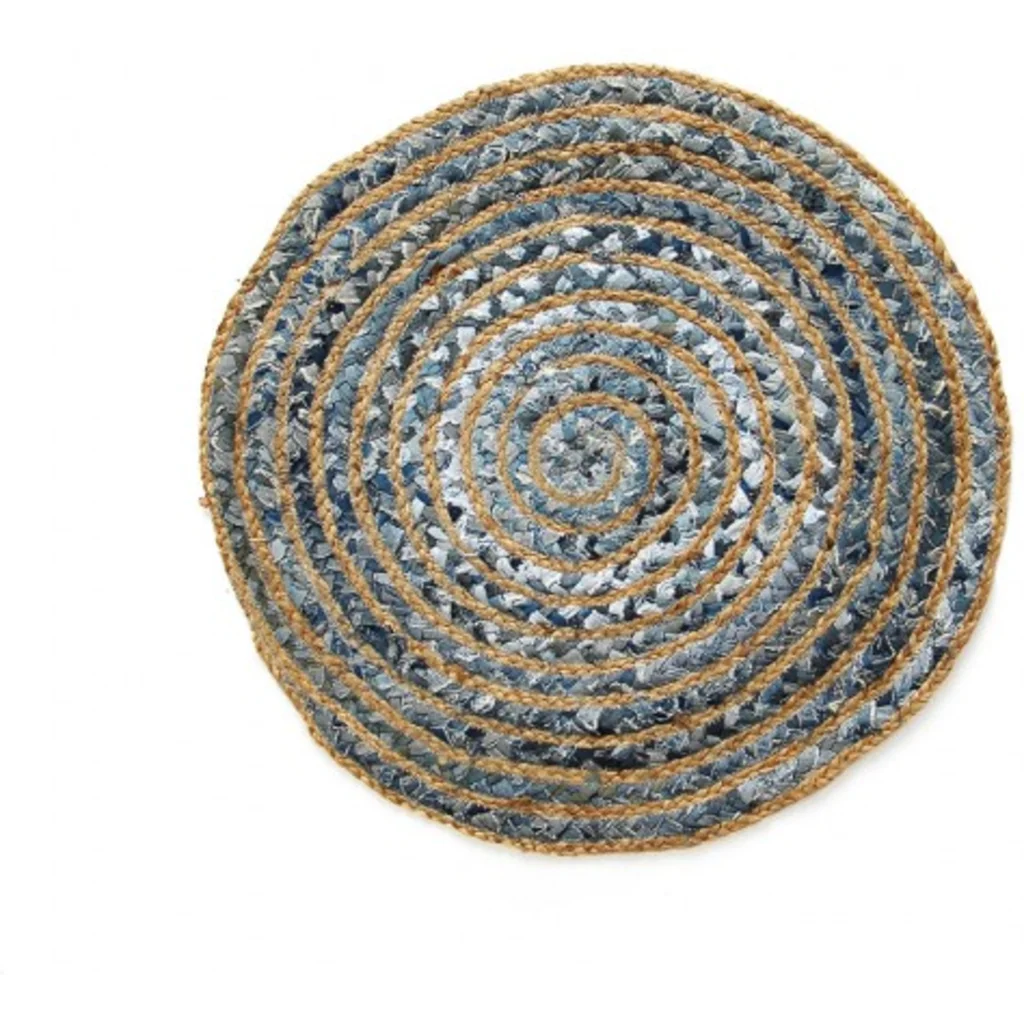 Upcycling Teppich rund in Naturbelassen+Blau Muster Bunt von GLOBO Größe Ø 60 cm