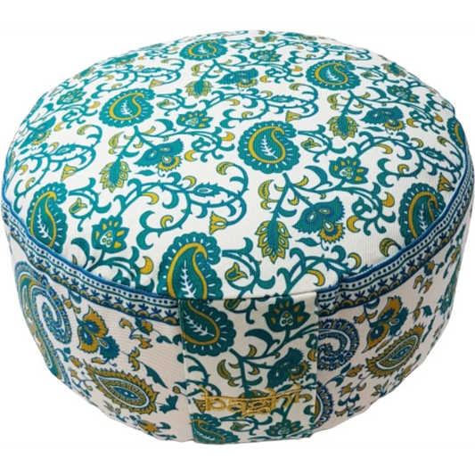 Bio Meditationskissen+Yogakissen rund mit Paisley-Muster in Limette+Petrol Gelb+Blau Muster Bedruckt von BAGHI Größe Ø 30 cm Höhe 15 cm