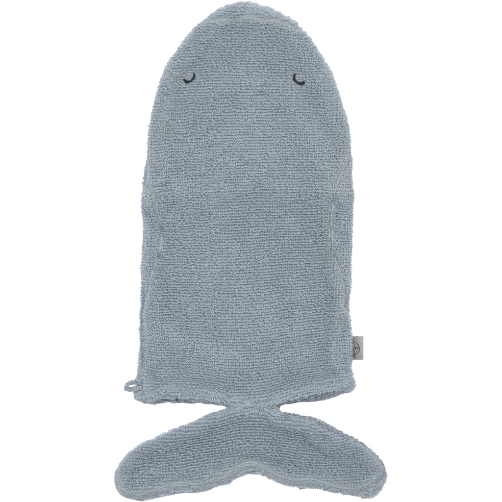 Bio Frottier Baby-+Kinder-Waschhandschuh Wal in Blau Muster Wal von Lässig Größe 13x22 cm