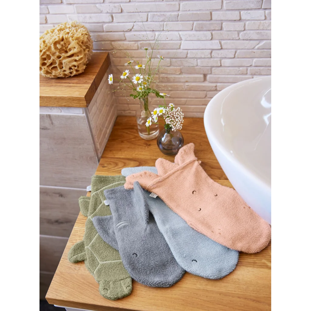 Bio Frottier Baby-+Kinder-Waschhandschuh Wal in Blau Muster Wal von Lässig Größe 13x22 cm