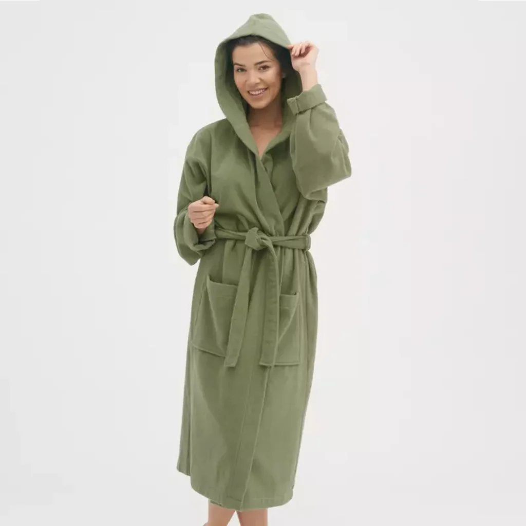 Bio Frottier Bademantel ORLANDO in Khaki Grün von Living Crafts Größe S+M