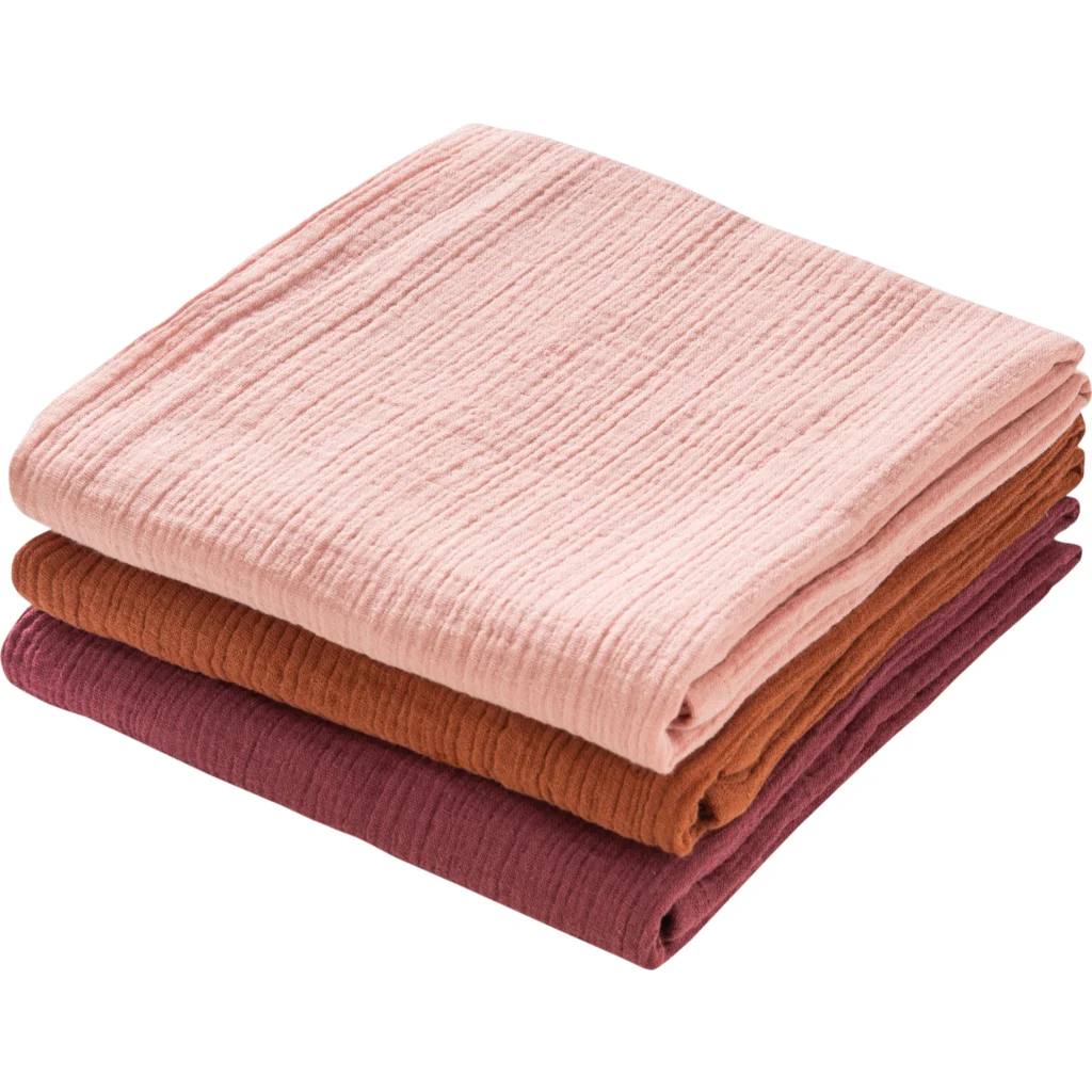 Bio Musselin Baby-Tuch 3er-Pack in Bordeaux+Zimt+Rosa Rot+Braun+Rosa von biobaby Größe 65x65 cm
