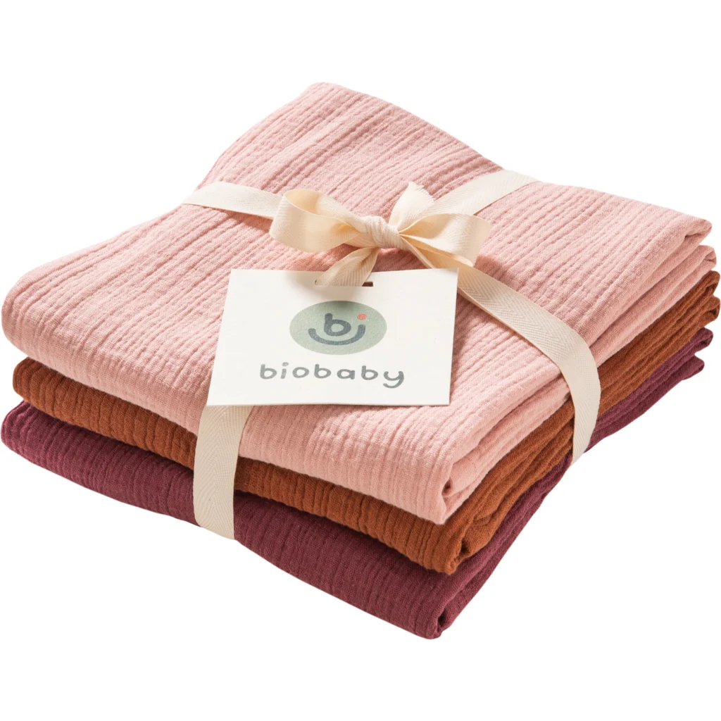 Bio Musselin Baby-Tuch 3er-Pack in Bordeaux+Zimt+Rosa Rot+Braun+Rosa von biobaby Größe 65x65 cm