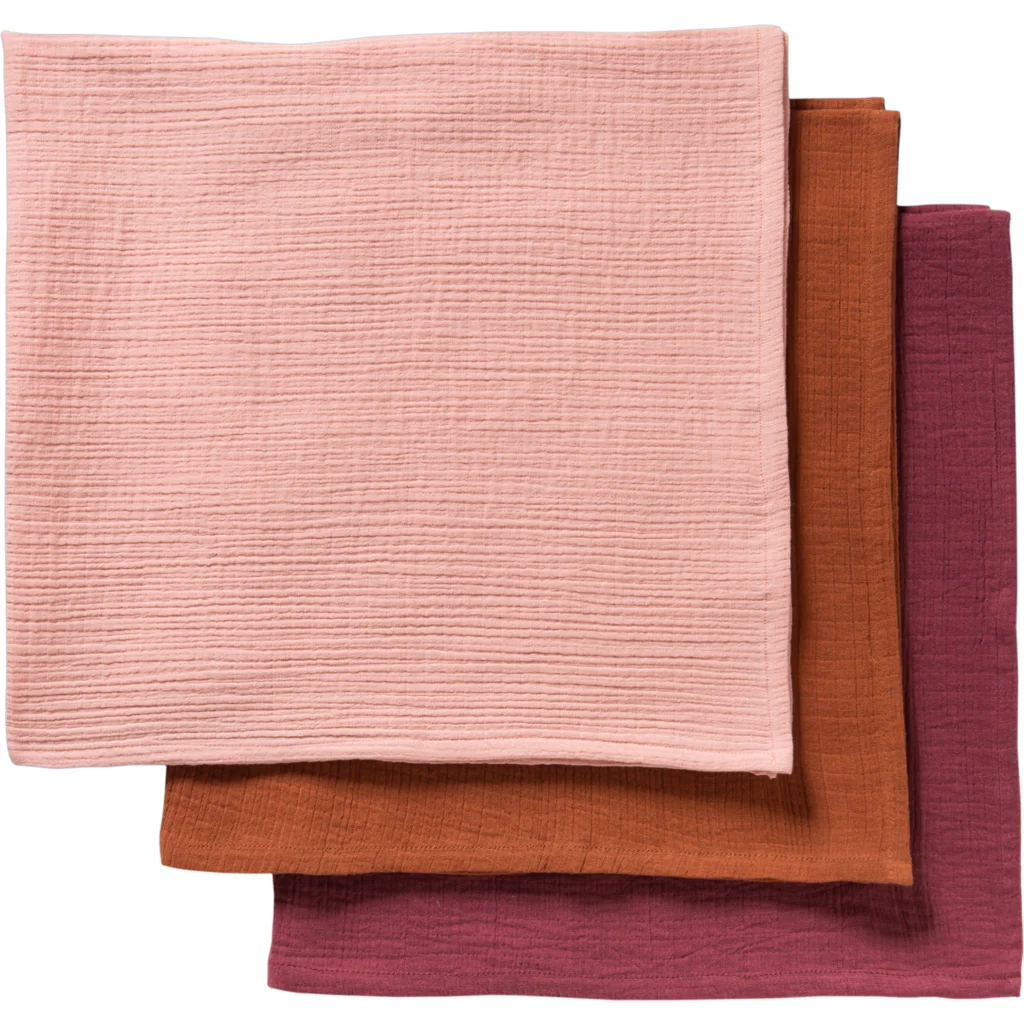 Bio Musselin Baby-Tuch 3er-Pack in Bordeaux+Zimt+Rosa Rot+Braun+Rosa von biobaby Größe 65x65 cm