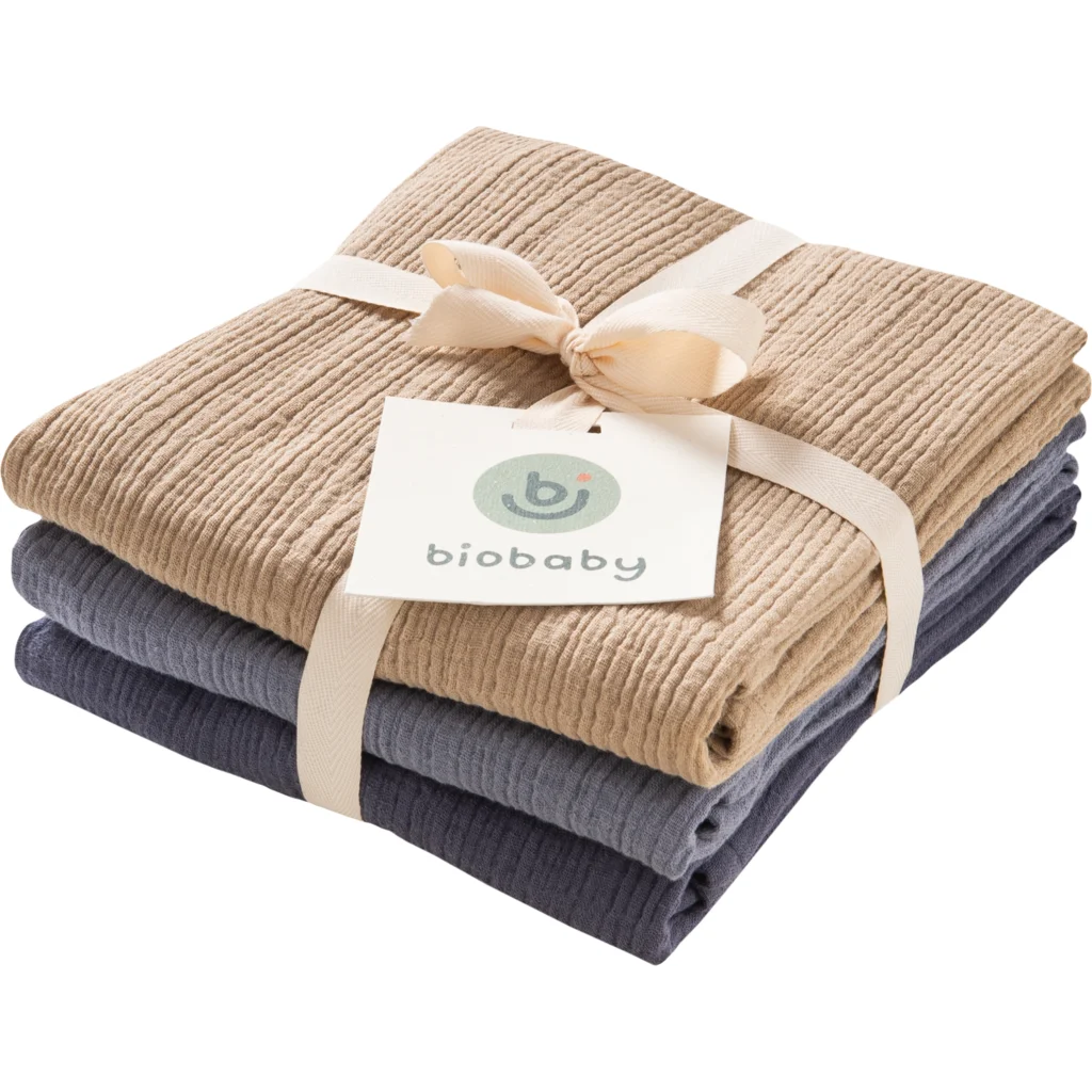 Bio Musselin Baby-Tuch 3er-Pack in Dunkelblau+Taubenblau+Sand Blau+Blau+Beige von biobaby Größe 65x65 cm