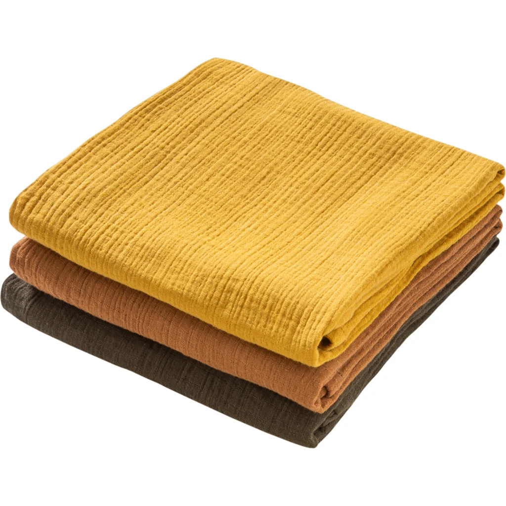 Bio Musselin Baby-Tuch 3er-Pack in Khaki+Karamell+Senfgelb Grün+Braun+Gelb von biobaby Größe 65x65 cm