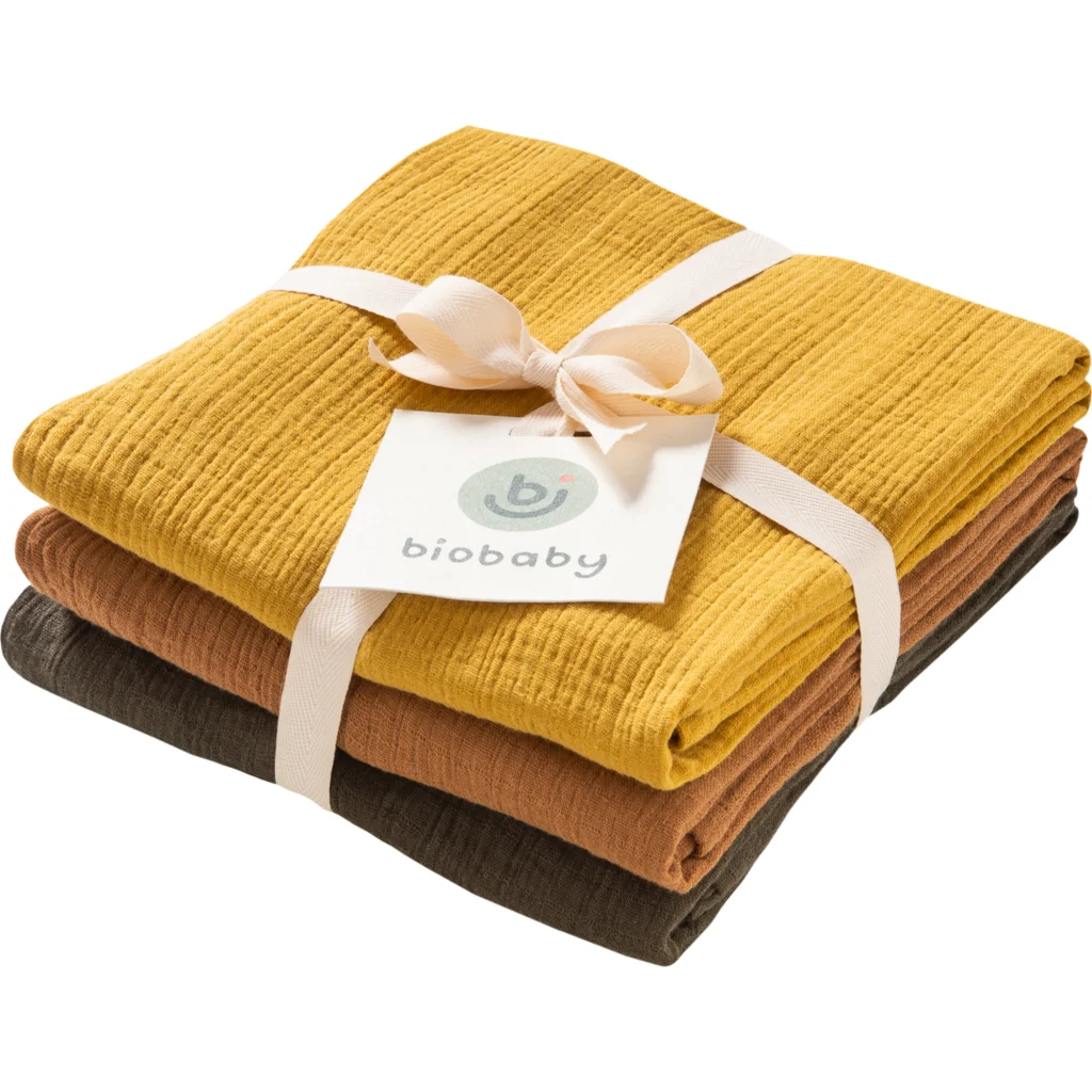Bio Musselin Baby-Tuch 3er-Pack in Khaki+Karamell+Senfgelb Grün+Braun+Gelb von biobaby Größe 65x65 cm