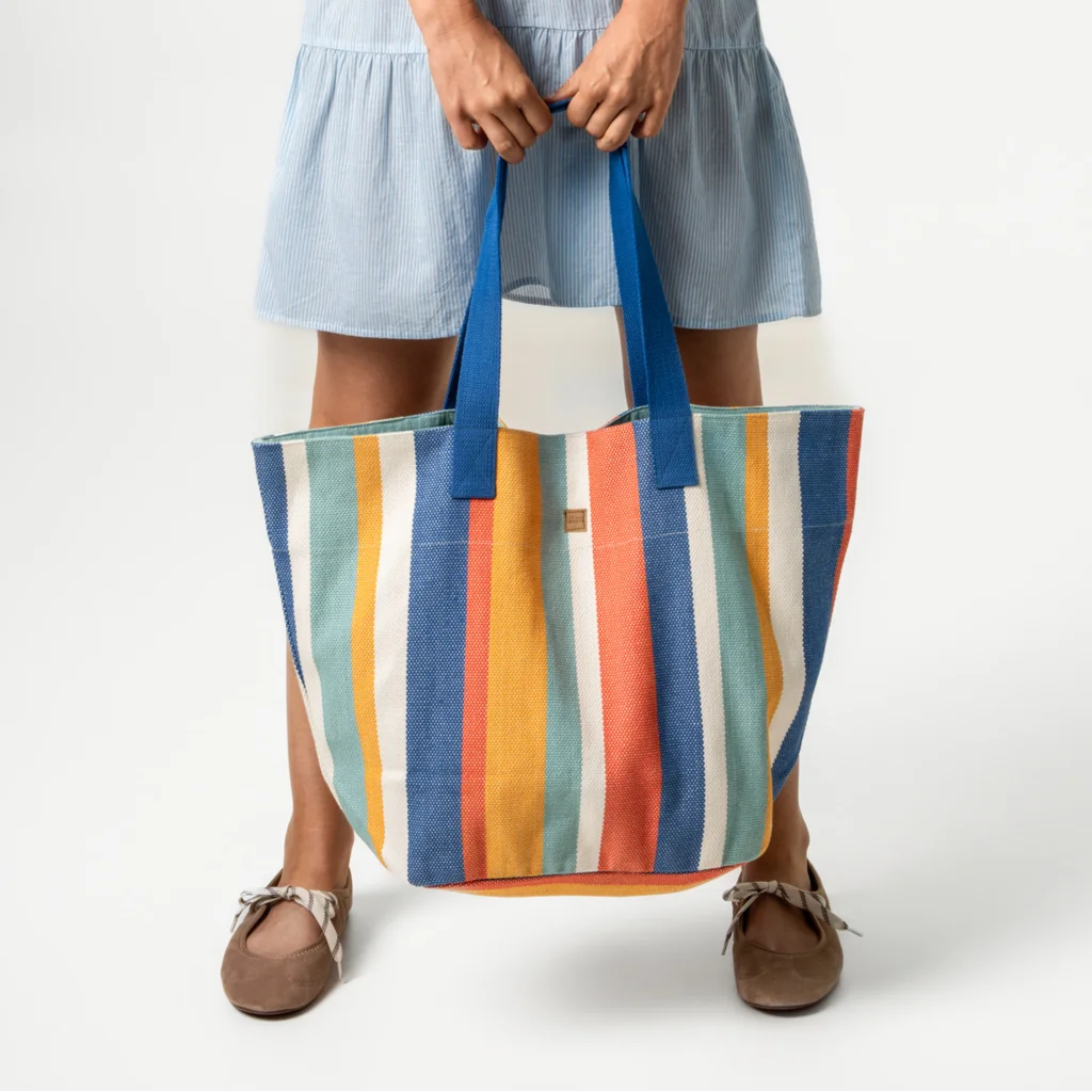 Bio Shopper Streifen in Blau+Türkis+Orange+Creme Blau+Blau+Orange+Creme Muster Streifen von Living Crafts Größe 58x39x19 cm