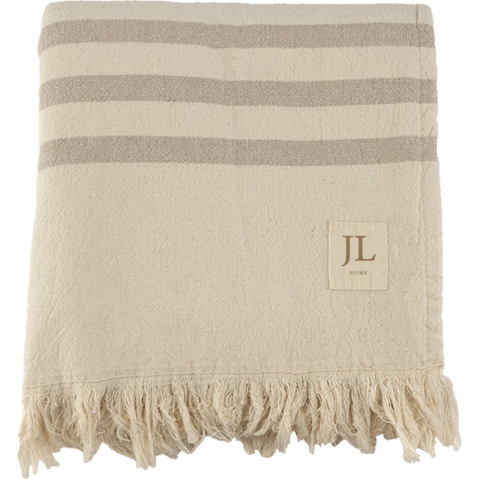 Bio Strandtuch mit Fransen in Creme+Beige Muster Streifen von Jean&Len Größe 90x165 cm