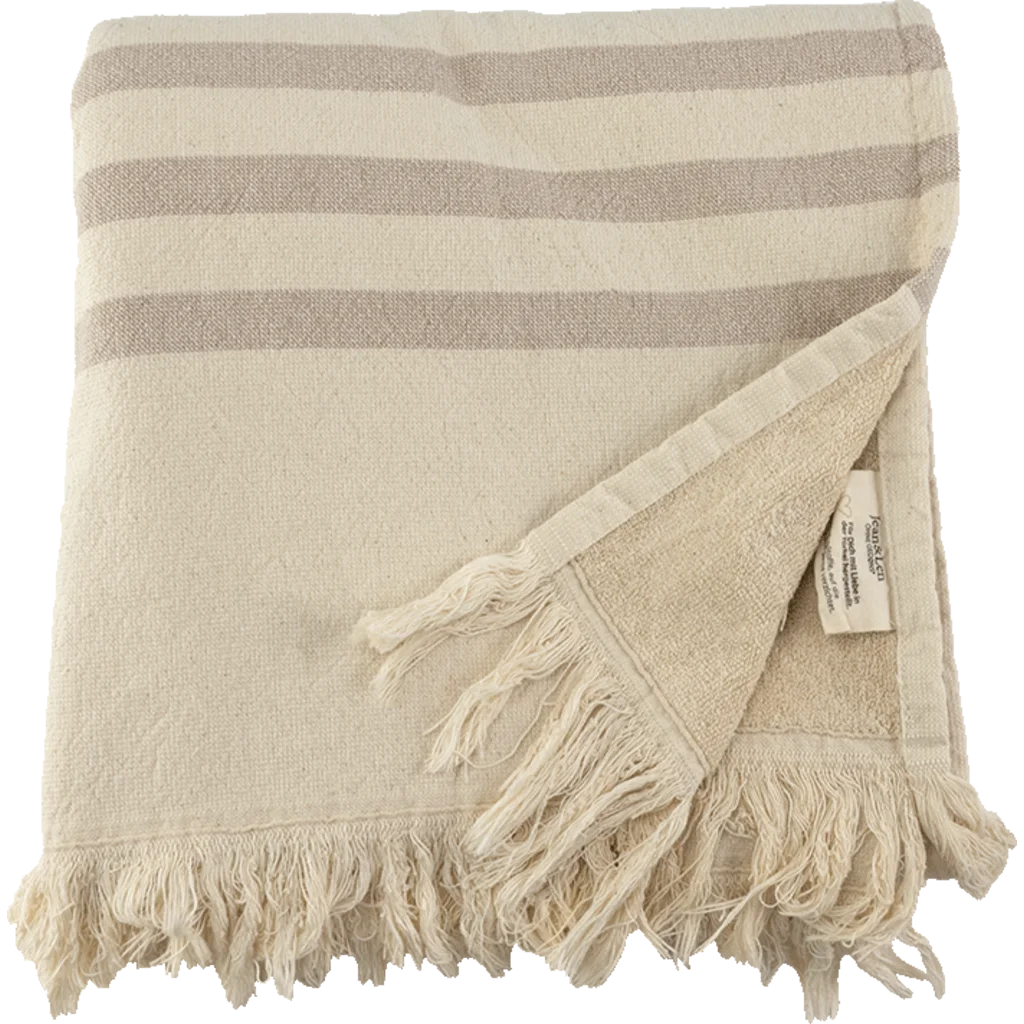 Bio Strandtuch mit Fransen in Creme+Beige Muster Streifen von Jean&Len Größe 90x165 cm