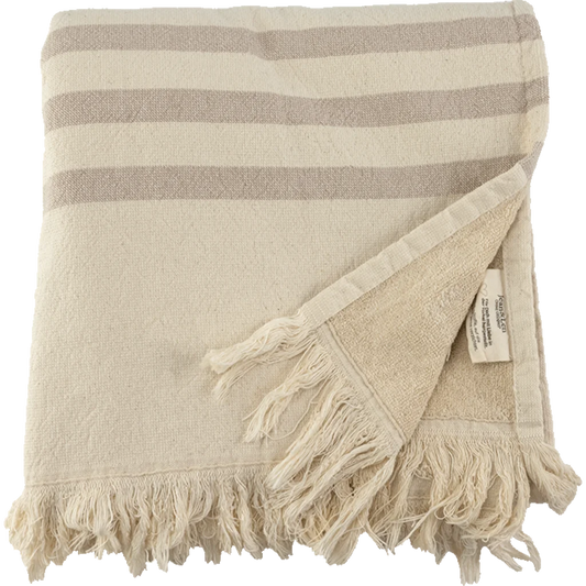 Bio Strandtuch mit Fransen in Creme+Beige Muster Streifen von Jean&Len Größe 90x165 cm