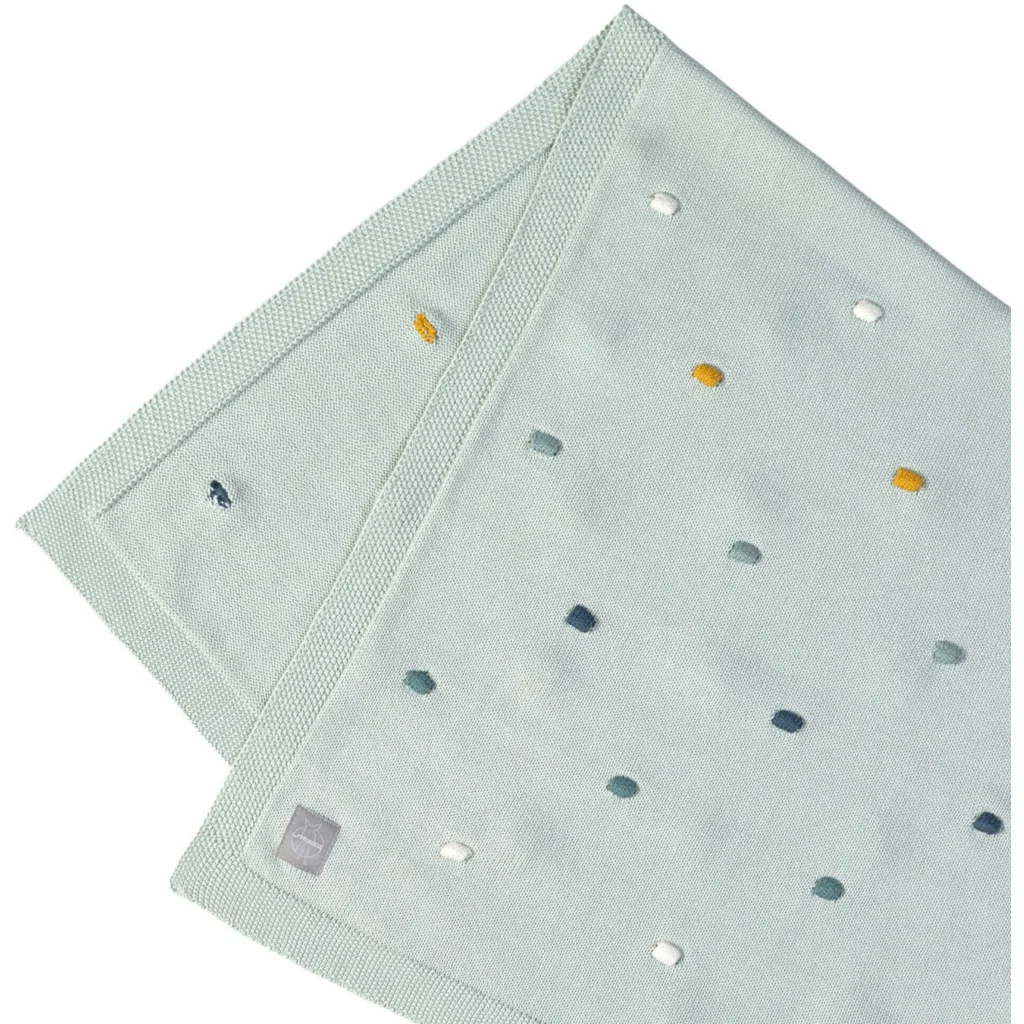 Bio Strick Baby-Decke Punkte in Hellblau Blau Muster Punkte von Lässig Größe 80x100 cm