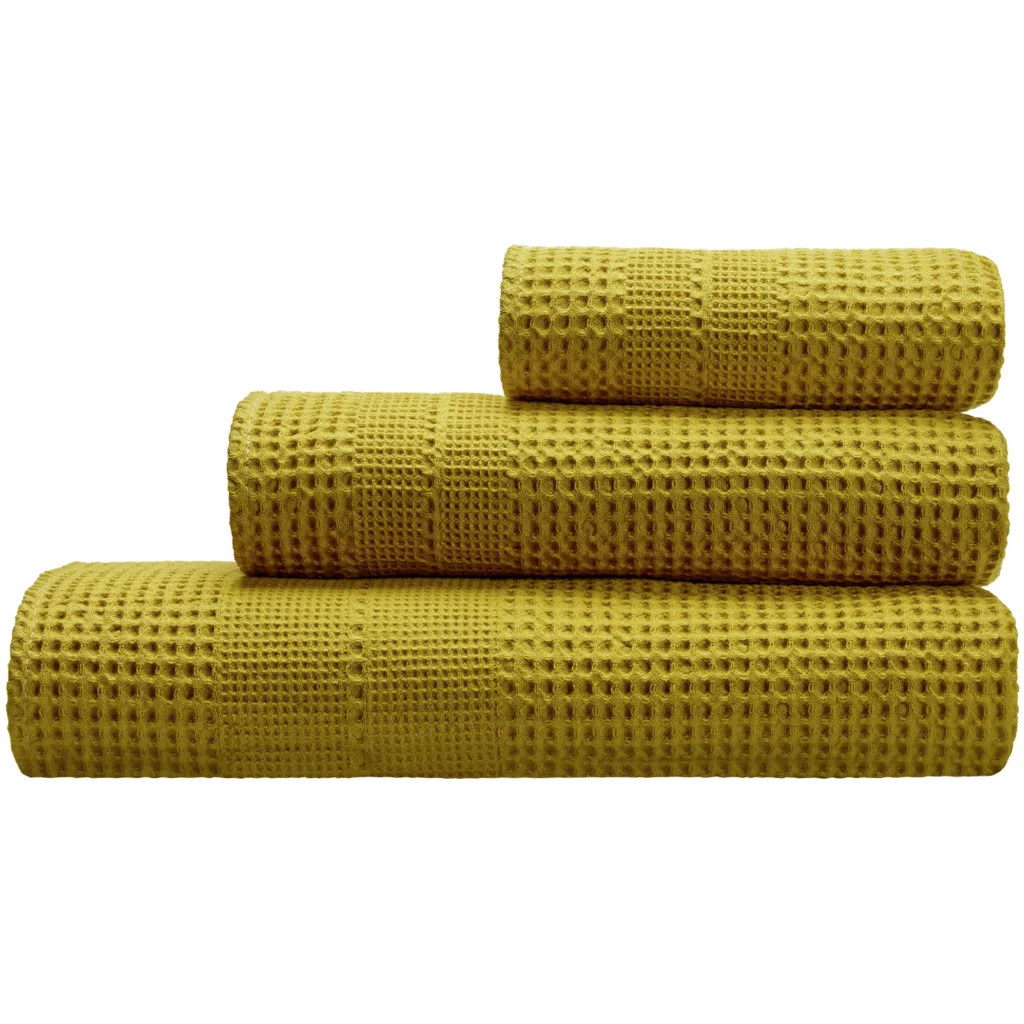 Bio Waffelpiqué Handtuch in Curry Gelb von Cotonea Größe 50x100 cm