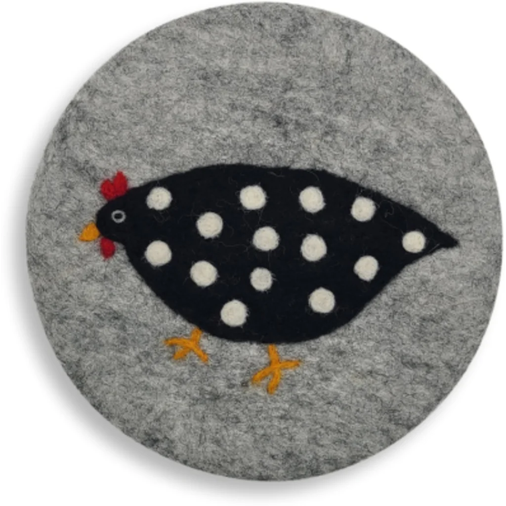 Filz Untersetzer rund Huhn in Hellgrau+Schwarz Grau+Schwarz Muster Huhn von Frida Feeling Größe Ø 21 cm