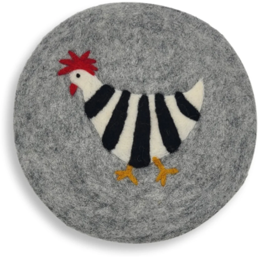 Filz Untersetzer rund Huhn in Hellgrau+Schwarz+Weiß Grau+Schwarz+Weiß Muster Huhn von Frida Feeling Größe Ø 21 cm