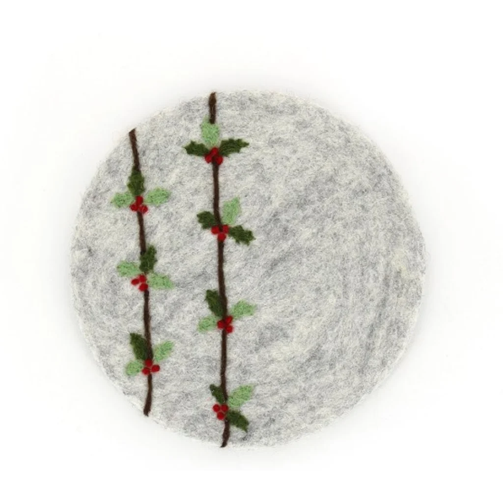 Filz Untersetzer rund Stechpalme in Hellgrau+Olive+Rot Grau+Grün+Rot Muster Stechpalme von GLOBO Größe Ø 21 cm
