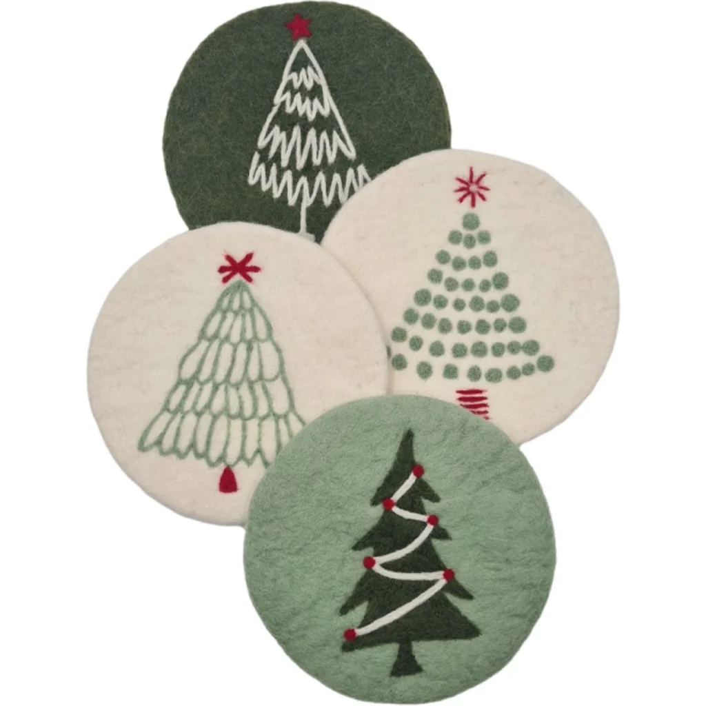 Filz Untersetzer rund Weihnachtsbaum in Dunkelgrün+Weiß Grün+Weiß Muster Weihnachtsbaum von Frida Feeling Größe Ø 21 cm