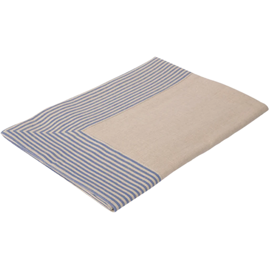 Halbleinen Tischdecke MILDA in Beige+Blau Muster Streifen von Erika Vaitkute Größe 140x220 cm