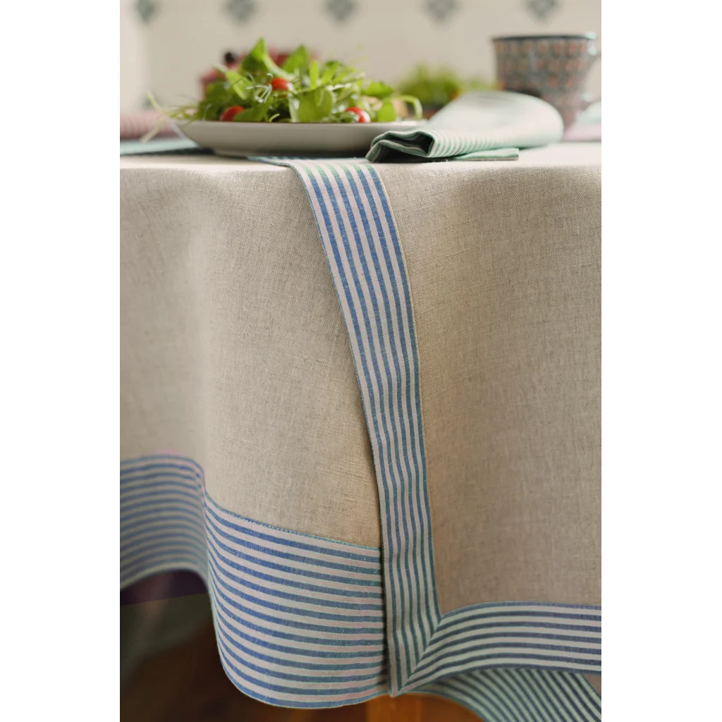 Halbleinen Tischdecke MILDA in Beige+Blau Muster Streifen von Erika Vaitkute Größe 90x90 cm