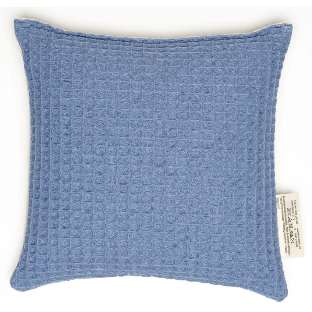 Kinder-Wärmekissen mit Füllung Bio-Getreide & Lavendel TRÄUMELAND in Creme+Blau Muster Unifarben mit Aufdruck von herbalind Größe 19x19 cm