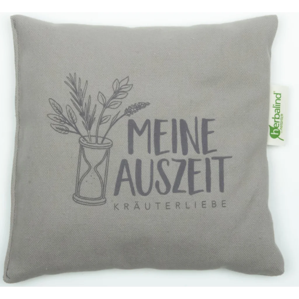 Kissen mit Füllung Kräuter MEINE AUSZEIT in Taupe Grau Muster Unifarben mit Aufdruck von herbalind Größe 20x20 cm