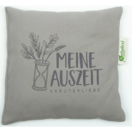 Kissen mit Füllung Kräuter MEINE AUSZEIT in Taupe Grau Muster Unifarben mit Aufdruck von herbalind Größe 20x20 cm