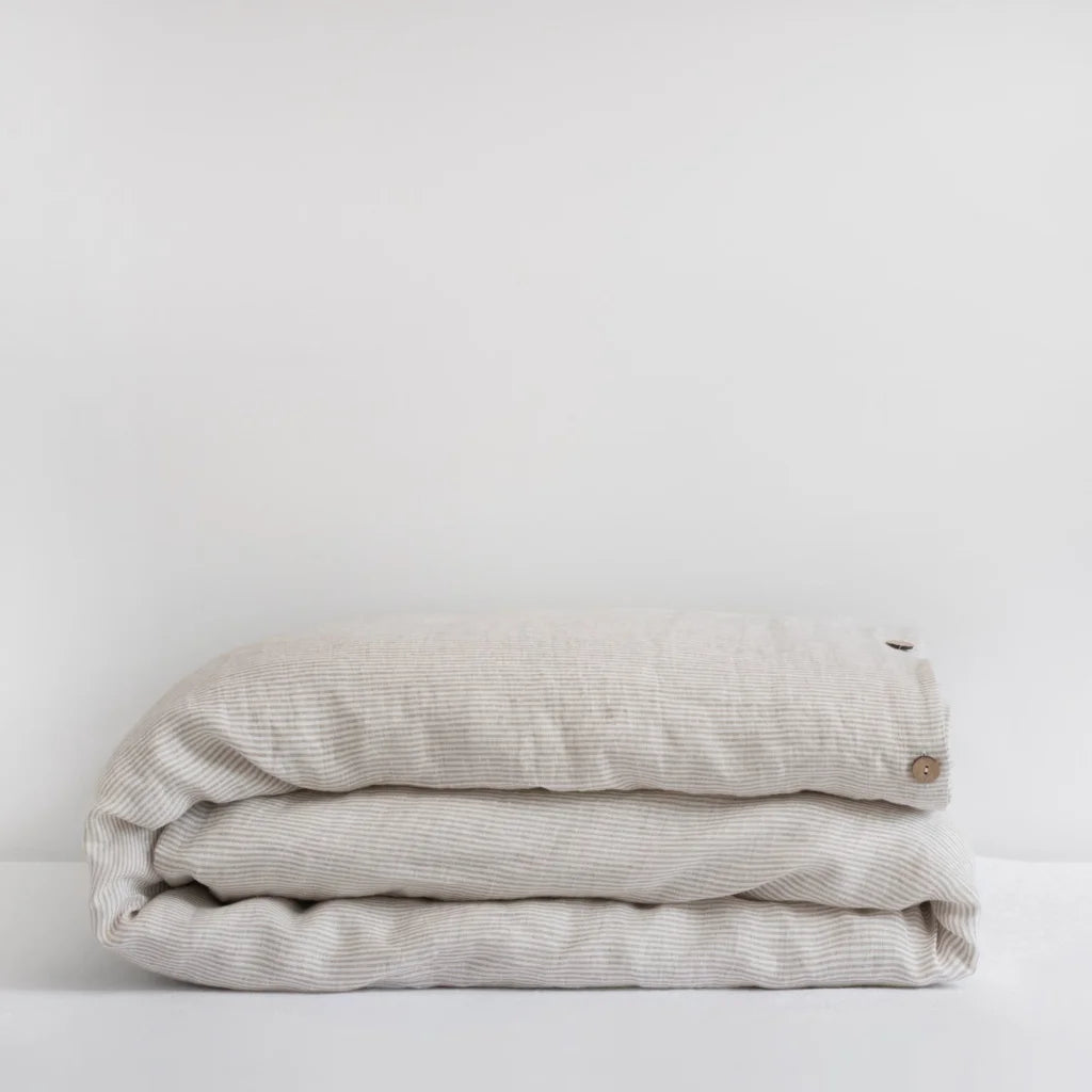 Leinen Bettwäsche Streifen Bettbezug in Weiß+Creme Muster Streifen von Linen Tales Größe 240x220 cm