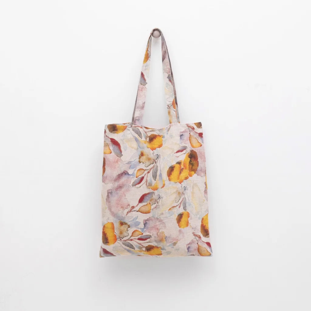 Leinen Einkaufstasche Aquarell in Creme+Orange Muster Aquarell von Linen Tales Größe 38 cm breit+ 42 cm lang