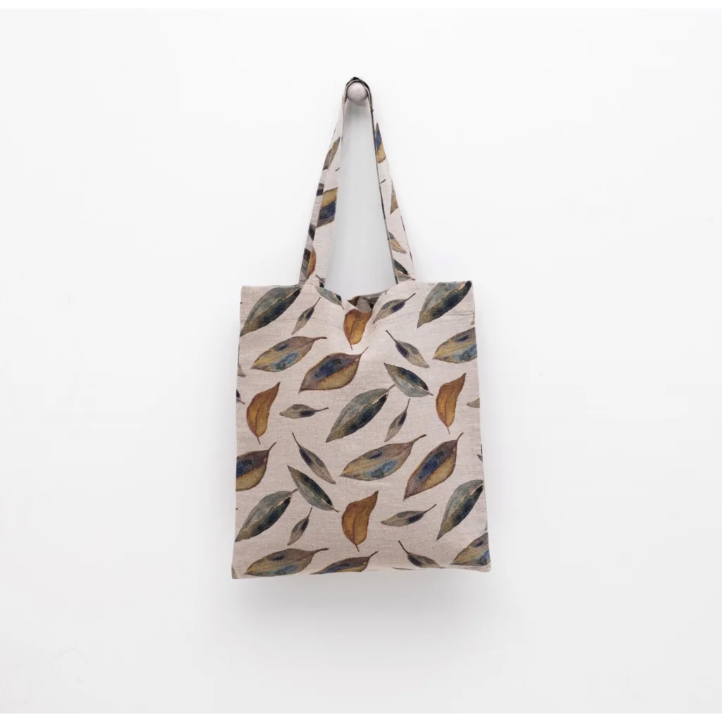 Leinen Einkaufstasche Blätter in Creme+Grün+Orange Muster Blätter von Linen Tales Größe 38 cm breit+ 42 cm lang