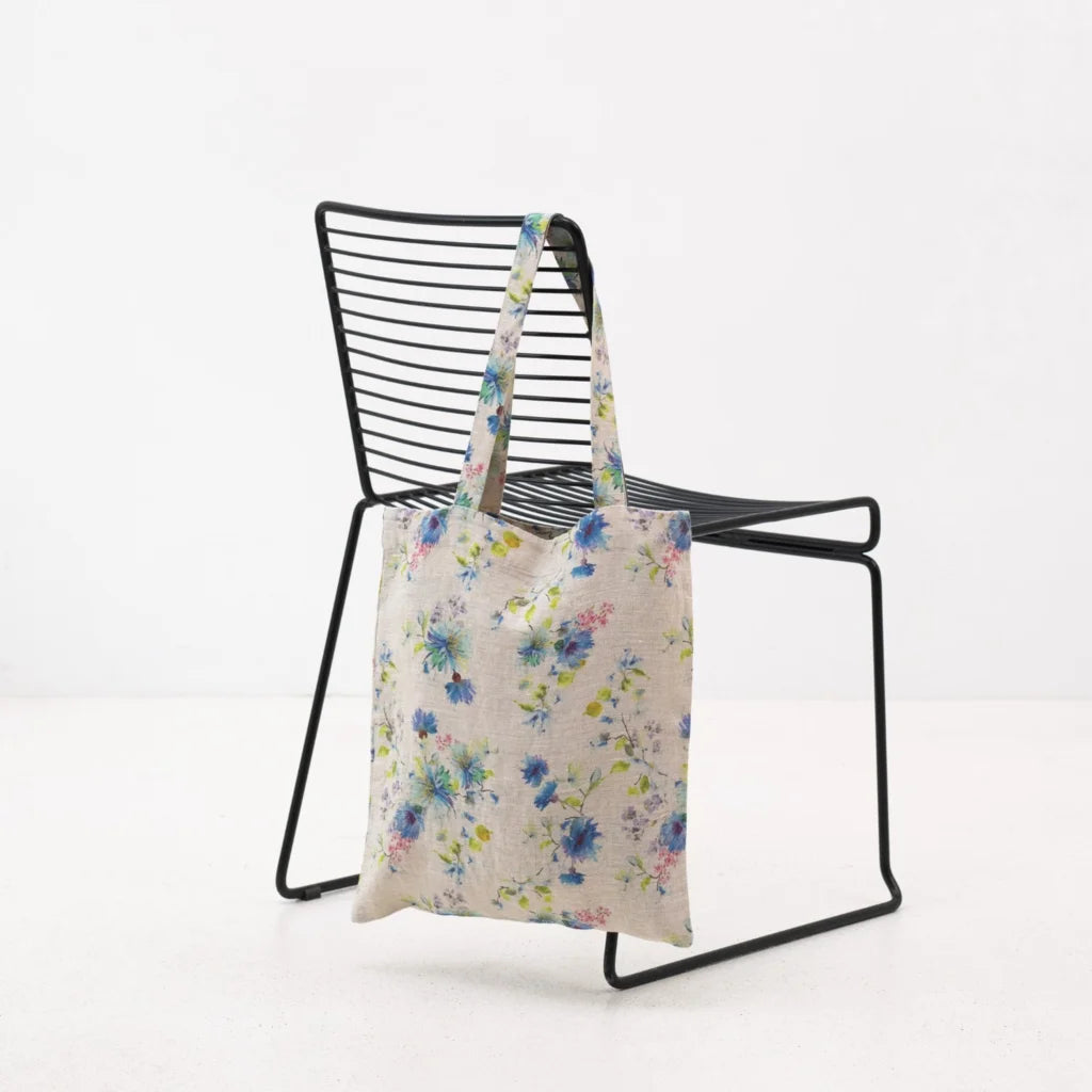 Leinen Einkaufstasche Blumen in Creme+Blau Muster Blumen von Linen Tales Größe 38 cm breit+ 42 cm lang