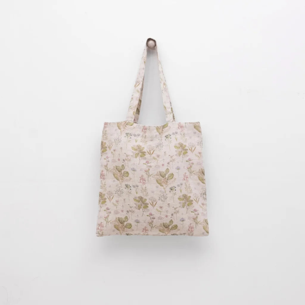 Leinen Einkaufstasche Botanik in Creme+Rosa+Grün+Braun Muster Botanik von Linen Tales Größe 38 cm breit+ 42 cm lang