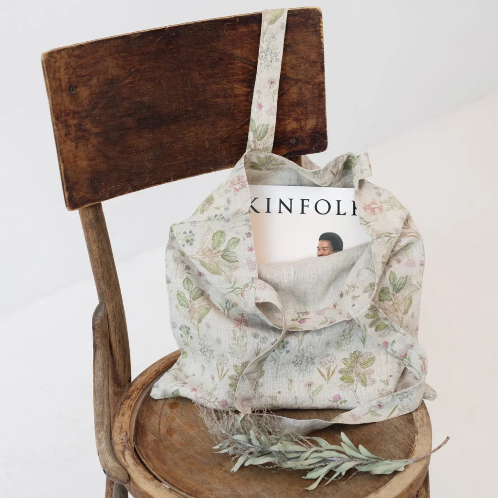 Leinen Einkaufstasche Botanik in Creme+Rosa+Grün+Braun Muster Botanik von Linen Tales Größe 38 cm breit+ 42 cm lang