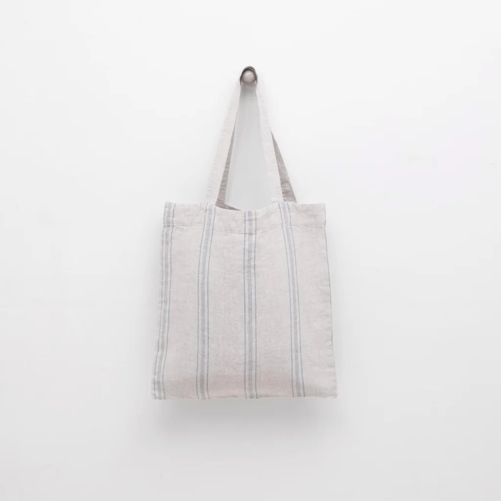 Leinen Einkaufstasche Streifen in Hellgrau+Blau Grau+Blau Muster Streifen von Linen Tales Größe 38 cm breit+ 42 cm lang