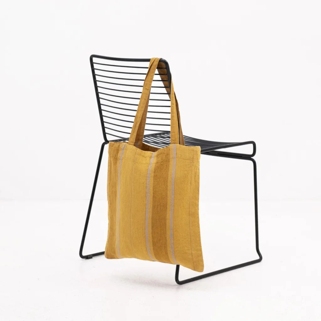 Leinen Einkaufstasche Streifen in Senfgelb+Bronze Gelb+Gelb Muster Streifen von Linen Tales Größe 38 cm breit+ 42 cm lang