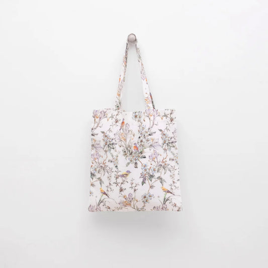 Leinen Einkaufstasche Vögel in Weiß+Flieder+Grün Weiß+Lila+Grün Muster Vögel von Linen Tales Größe 38 cm breit+ 42 cm lang
