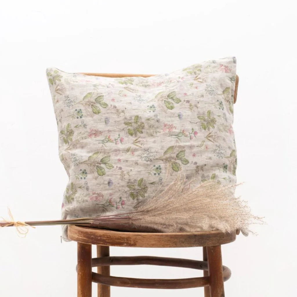 Leinen Kissenhülle Botanik in Creme+Rosa+Grün+Braun Muster Botanik von Linen Tales Größe 50x50 cm