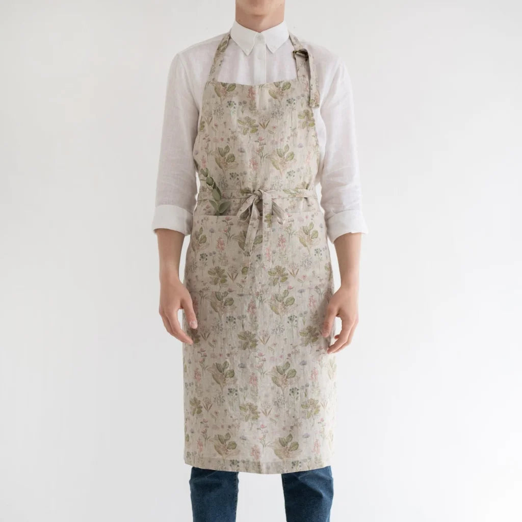 Leinen Kochschürze Botanik in Creme+Rosa+Grün+Braun Muster Botanik von Linen Tales Größe 100 cm breit+ 98 cm lang