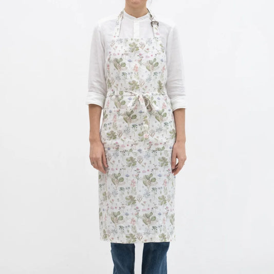 Leinen Kochschürze Botanik in Weiß+Rosa+Grün+Braun Muster Botanik von Linen Tales Größe 100 cm breit+ 98 cm lang