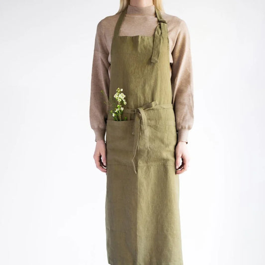 Leinen Kochschürze in Olive Grün von Linen Tales Größe 100 cm breit+ 98 cm lang