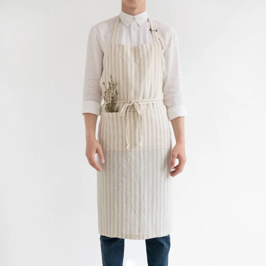 Leinen Kochschürze Streifen in Creme+Beige Muster Streifen von Linen Tales Größe 100 cm breit+ 98 cm lang