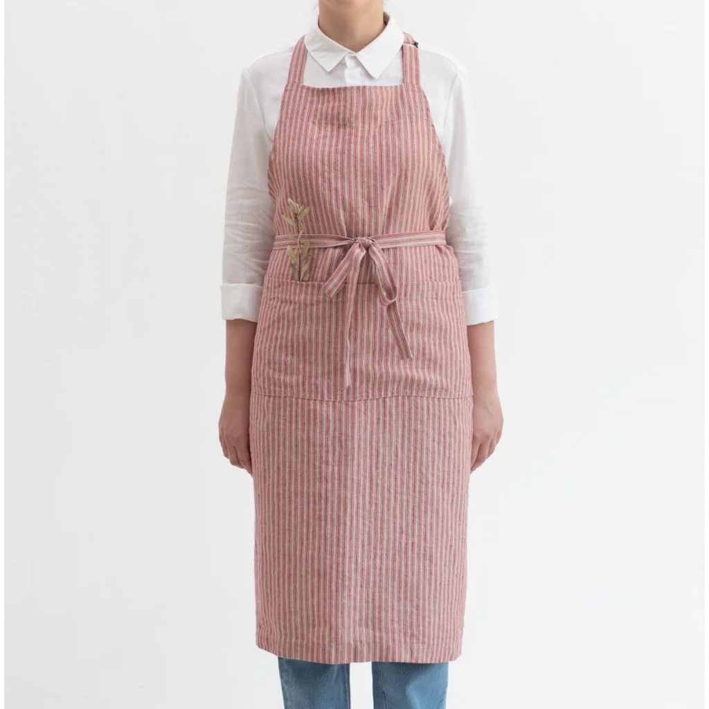 Leinen Kochschürze Streifen in Rot+Creme Muster Streifen von Linen Tales Größe 100 cm breit+ 98 cm lang