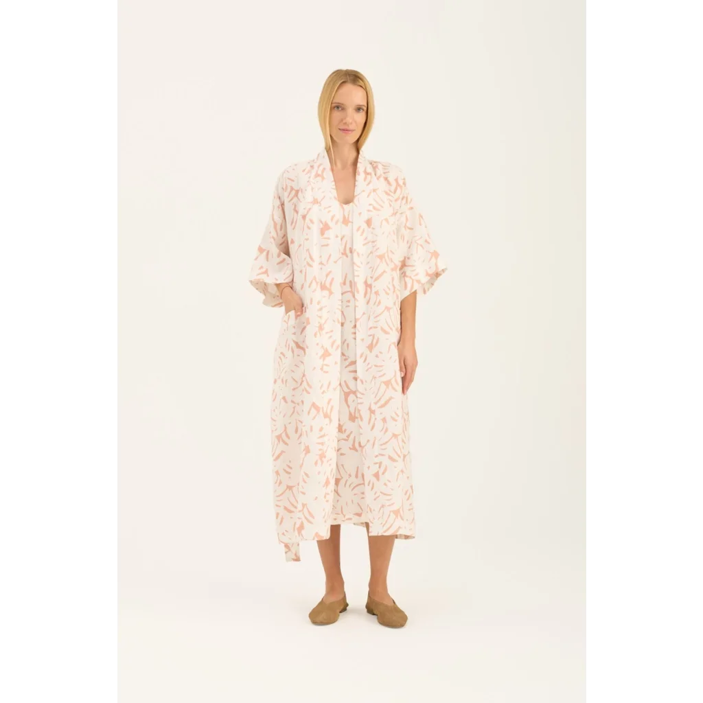 Leinen Morgenmantel Monstera in Weiß+Apricot Weiß+Orange Muster Monstera von Linen Tales Größe L+XL