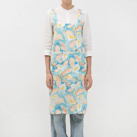 Leinen Pinafore-Schürze Aquarell in Atlantik+Apricot Blau+Orange Muster Aquarell von Linen Tales Größe 114 cm breit+ 83 cm lang